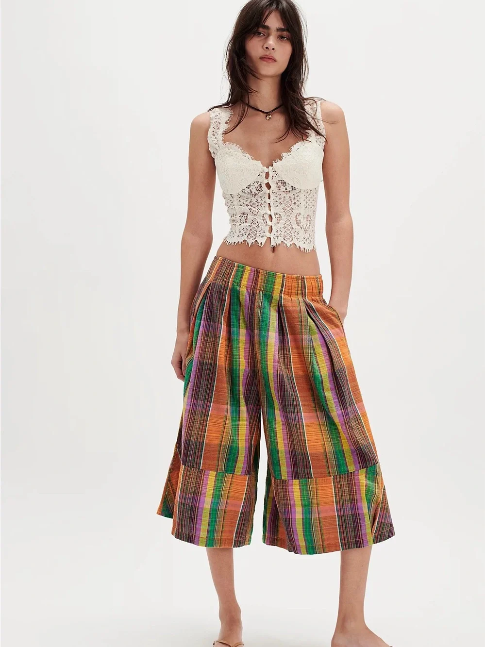 Free People Plaid Cotton Midi culottes  in Green, Purple, Orange & Yellow.